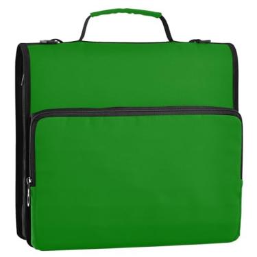 Imagem de Fichários verdes de 3,8 cm com 3 anéis resistentes com zíper, fichário organizador, com alça, bolsa escolar de desenho animado, vários bolsos, pasta grande para portfólio
