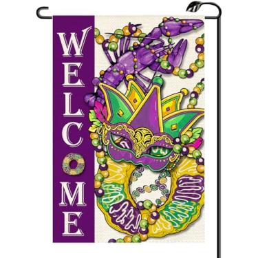 Imagem de Welcome Mardi Gras Bandeira de jardim 30 x 45 cm máscara de baile de máscaras dupla face vertical lagostins donuts pequenas bandeiras decoração externa para quintal (apenas bandeira) KH12