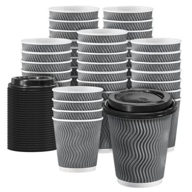 Imagem de Clawsoff Pacote com 100 xícaras de café descartáveis de 227 g com tampas, copos de café de papel ondulados isolados adequados para chocolate, cacau e bebidas quentes/frias (cinza)