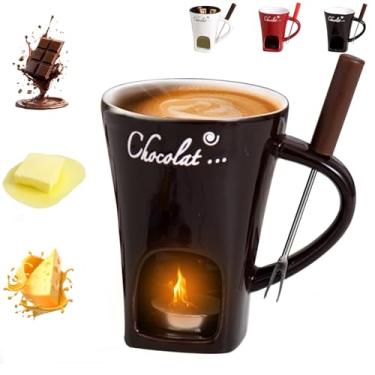 Imagem de Caneca de fondue de chocolate com garfo, copo de fondue de chocolate, copo pessoal de derretimento de chocolate para queijo, copo de derretimento de chocolate de cerâmica, caneca de derretimento de