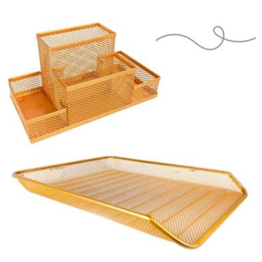 Imagem de Bandeja documentos e porta caneta organizador de mesa dourado - Markys