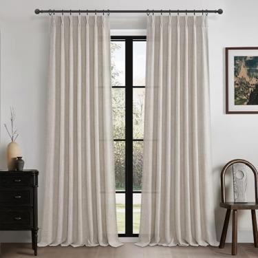 Imagem de Cortinas plissadas extra longas de 300 cm para sala de estar, mistura de linho treinado com memória, semitransparente, filtro de luz, privacidade, janelas grandes, conjunto com 2 painéis, 2 painéis
