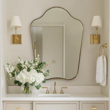 Imagem de ANDY STAR Espelho dourado 61 x 81 cm, espelho recortado de latão escovado com design curvo, espelho de parede irregular para banheiro, penteadeira, lavabo, moldura de aço inoxidável, antiferrugem