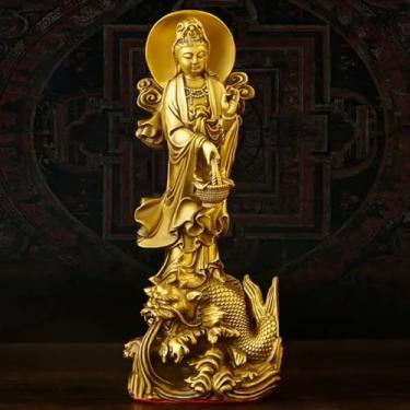 Imagem de FENNYYAR Ornamentos de dragão de cobre Guanyin Stand Bodhisattva, 23 cm 23 cm, estátua de Buda da sala de estar em casa