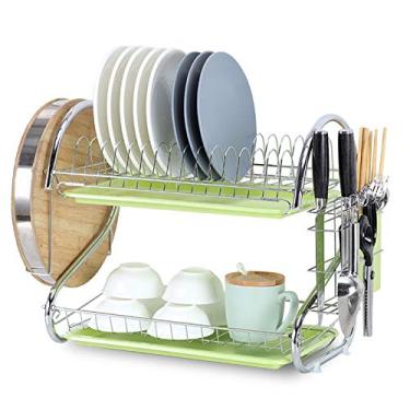 Imagem de Prateleira de Secagem Pratos 2 Andares em Aço com Drenagem Removível para Drenador Suporte Utensílios Tabua Corte Organizador e Armazenamento Balcão C