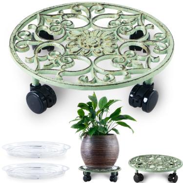 Imagem de 2 pacotes de suporte de planta rolante com rodas Suporte de plantas de metal com rodas resistente 28 cm suporte redondo para plantas de ferro para uso interno rolos para plantas ao ar livre, carrinho
