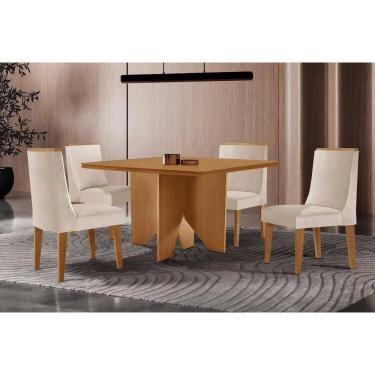 Imagem de Sala Jantar Mesa Nevada Tampo Curvo 90cm+4 Cadeiras Dakota Madeira Naturale - Suede Creme - Rufato