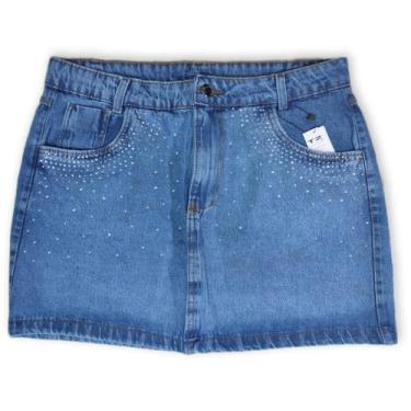 Imagem de Saia Jeans Feminina Plus Size Pedrarias Em Brilhos Nos Bolsos Cintura 