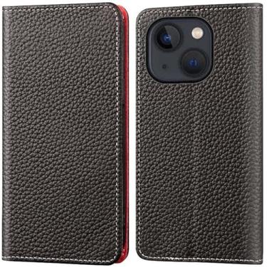 Imagem de CYSUE Capa carteira para Apple iPhone 13 (2021) 6,1 polegadas, padrão de lichia totalmente seguro capa de telefone fólio flip de couro [suporte de cartão] [Suporte] (Cor: Preto)