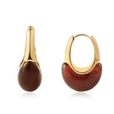 Imagem de FOJDPAS Brincos de argola de resina âmbar banhados a ouro 14k para mulheres, na moda, hipoalergênicos, brincos de ouro grosso, joias presentes para lóbulos sensíveis das orelhas, Teardrop-shaped