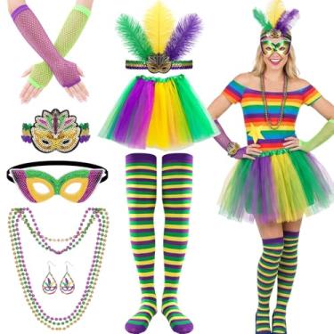 Imagem de JATEBI Acessório de fantasia de carnaval incluído, saia tutu de penas sintéticas, máscara de lantejoulas para festa de desfile, amarelo, roxo, verde, One Size