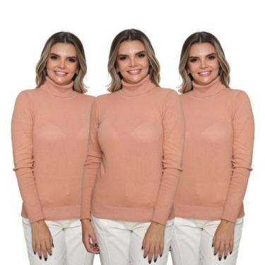 Imagem de Kit 3 Blusas Feminina Tricô Manga Longa Gola Alta Lã Inverno Casual - 