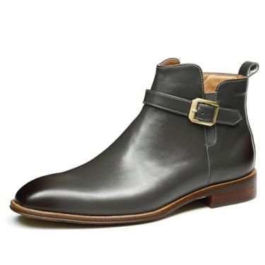 Imagem de Botas masculinas de couro genuíno com zíper lateral e tira de fivela, forro de pele de porco, confortável, elegante para uso casual e de negócios, Cinza, 39 BR