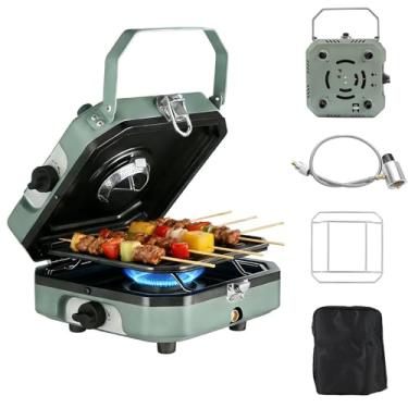 Imagem de Fogão de acampamento a propano de 2 queimadores com churrasqueira, fogão portátil de propano de 16000 BTU com 2 queimadores ajustáveis e ignição piezoelétrica, para acampamento, quintal doméstico
