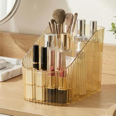 Imagem de Suporte de bandeja de maquiagem, organizador de bancada de banheiro, estojo de exibição de cosméticos, 3 divisórias para cuidados com a pele, perfume, pincel de maquiagem - laranja