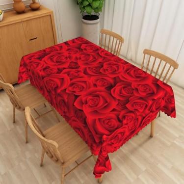 Imagem de Leyiyi Toalha de mesa de rosa vermelha romântica florescendo rosas vermelhas toalha de mesa de jantar toalha de mesa 3D estampa floral retângulo capas de mesa para casa, cozinha, restaurante, festa