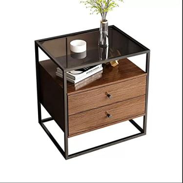 Imagem de KEG801302 Mesa lateral superior de vidro temperado, armário de armazenamento lateral de sofá com moldura de metal, mesa lateral com prateleira de armazenamento e 2 gavetas para sala de estar e quarto