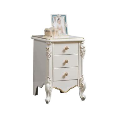 Imagem de KEG801302 Mesa de cabeceira branca com três gavetas, armário de armazenamento de madeira maciça para sala de estar, quarto, escritório, luminárias de livros, etc