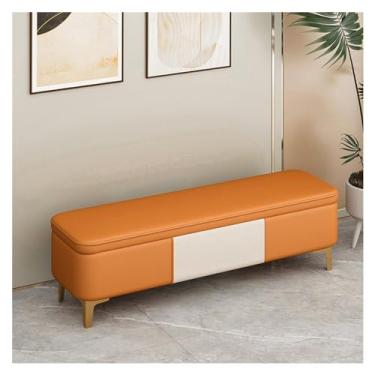 Imagem de Banco de armazenamento moderno - banco de entrada, otomano para quarto, final da cama, banco moderno de couro sintético bancos de quarto para o pé da cama, banco estofado com pernas douradas