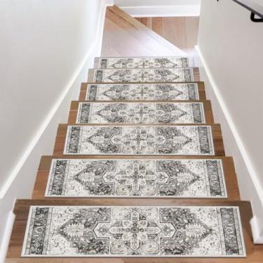 Imagem de Passos de escada antiderrapantes para degraus de madeira tapetes de escada cinza para ambientes internos, tapetes de escada com suporte de borracha, sem resíduos, 20 x 76 cm, tapetes de escada para