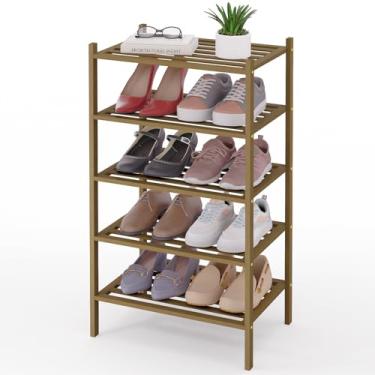 Imagem de Smiry Sapateira de bambu pequena de 5 camadas, organizador de sapatos empilhável de madeira para entrada e armário, prateleira de armazenamento de sapatos de madeira independente para porta da frente