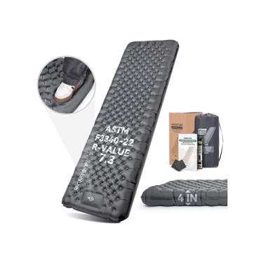 Imagem de Hikenture Almofada de dormir de 7,3 R-Value para acampamento, tapete de acampamento isolado de 10 cm com bomba de pé, colchão de ar ultraleve para mochila para 4 estações, tapete de dormir inflável