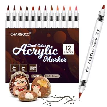Imagem de CHARSOCO Canetas de tinta acrílica de tons marrons, conjunto de marcadores de 12 cores com pincel macio e ponta de bala, para pedra, pintura, madeira, vidro, cerâmica, tela, pedra, artesanato DIY