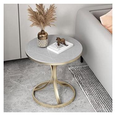 Imagem de Mesa lateral redonda moderna e moderna, montagem fácil, mesa de canto de 59,9 cm, mesa pequena com mesa de baloiço e moldura de metal para espaços pequenos, sala de estar, quarto, varanda, fácil
