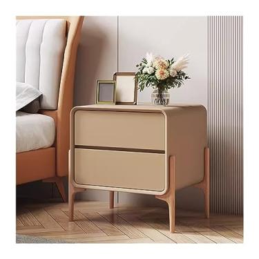 Imagem de Mesa de cabeceira moderna minimalista para quarto pequeno armário de armazenamento de madeira com gavetas duplas mesa de cabeceira bordas arredondadas de cor pura móveis de cabeceira prático (cáqui