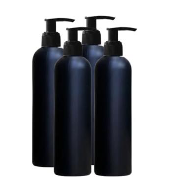 Imagem de MOXMAR Pacote com 4 frascos de PEAD de 250 ml com bomba de creme preto + 2 funis e etiquetas | Frascos dispensadores de plástico recarregáveis para loção e uso diário, Garrafa preta + bomba preta, 8.5