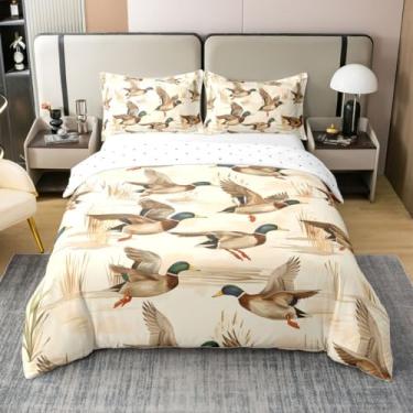 Imagem de jejeloiu Capa de edredom de pato selvagem, 100% algodão, tamanho solteiro, para meninos e meninas, conjunto de cama de animais selvagens, 2 peças, respirável, macia, leve e microfibra
