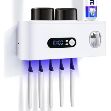 Imagem de Suporte de escova de dentes com desinfetante UV e dispensador de pasta de dente, visor de temporizador com organizador de escova de dentes inteligente montado na parede para banheiro, com 2 xícaras e