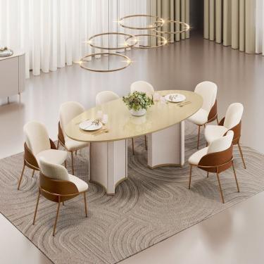 Imagem de Conjunto Sala de Jantar Liz Tampo Elipse com Vidro Orgânico 218cm com 8 Cadeiras Vitta Off White/Dourado/Terracota/Perola