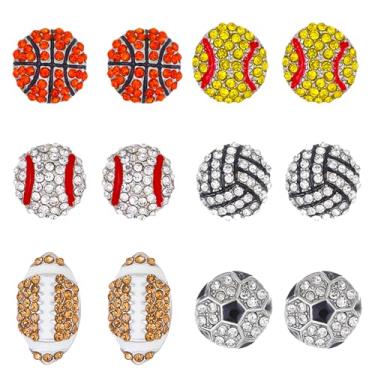 Imagem de QLYOVWE Conjunto de 6 pares de brincos esportivos de acrílico para mulheres com cristais brilhantes CZ futebol, beisebol, basquete, vôlei, futebol, rúgbi, esporte, amantes de esportes, festas, jogos