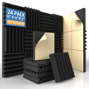 Imagem de AUSLET Pacote com 24 painéis de espuma acústica autoadesivos – painéis de parede à prova de som cunha de alta densidade para estúdios, home theaters, jogos, salas de podcasts – redução de ruído e