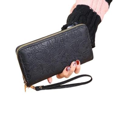 Imagem de Carteira feminina com zíper, estampa de flores, bolsa de dinheiro para cartões de grande capacidade, carteiras de estilo longo, carteira de cartão de crédito, presente, Preto, Estilo retrô
