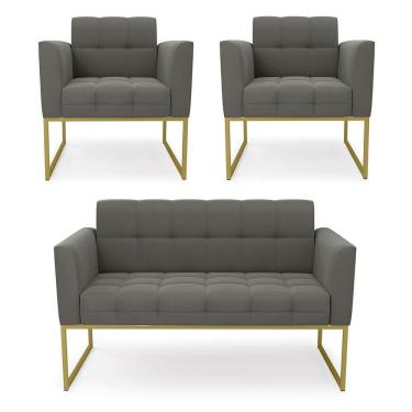 Imagem de Kit 1 Sofá Namoradeira E 2 Poltronas Elisa Suede Base Metálica Industrial Dourada Cor Grafite