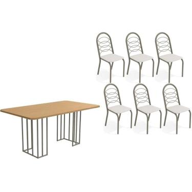 Imagem de Sala De Jantar Duina Com Tampo De Madeira 160cm E 6 Cadeiras Holanda Niquel Freijó Courano Branco