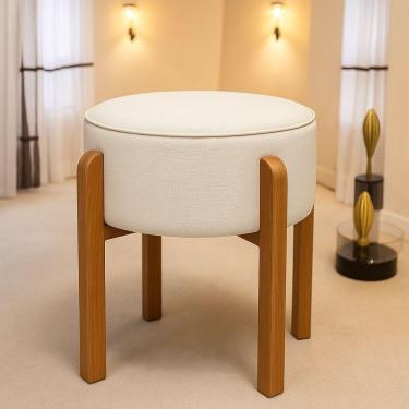 Imagem de Puff Banqueta Redondo Pés De Madeira Luxo Lar & Estilo Bege