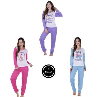 Imagem de Kit 3 Pijama Longo Feminino Manga Longa Calça Cumprida de Frio -c8 KIT