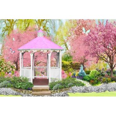 Imagem de Painel de Lona  Jardim Encantado Aquarela Coreto Rosa - Fabrika De Fes