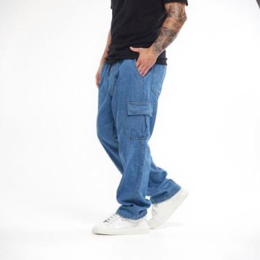 Imagem de Calça Cargo Jeans Masculino Cos Elástico Cordão Skatista - Mitchelgutt