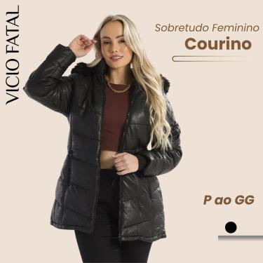 Imagem de Sobretudo Feminino Couro PU Forrada Impermeável - Aconchegante Inverno Couro Sintético-Feminino