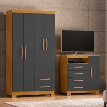 Imagem de Guarda-Roupa Solteiro 4 Portas 2 Gavetas Cômoda Sapateira Itapema Carvalho Americano/Grafite