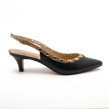 Imagem de Slingback Sapato Da Corte Couro Salto Fino Baixo Tachas, C preto, 37