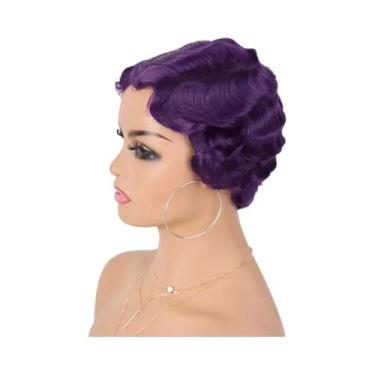 Imagem de Peruca Curta Cacheada Sintética Com Ondas Finger Wave Para Mulheres, E