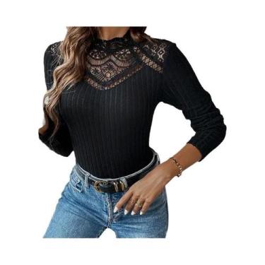 Imagem de Blusa Feminina Slim Fit De Gola Alta Preta Com Renda E Manga Longa Em 