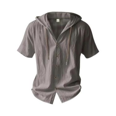 Imagem de Camisa Masculina De Algodão E Linho Com Capuz E Manga Curta, Leve E Re