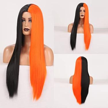 Imagem de Perucas femininas sintéticas afro crespo cor laranja ondulado natural peruca longa para mulheres negras e brancas cabelo de fibra de alta temperatura Perucas de cabelo humano (cor: laranja preto, comprimento esticado: 66 cm)