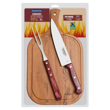 Imagem de Kit para Churrasco Tramontina em Aço Inox e Cabo Vermelho Polywood com Tábua de Madeira 3 Peças Tramontina